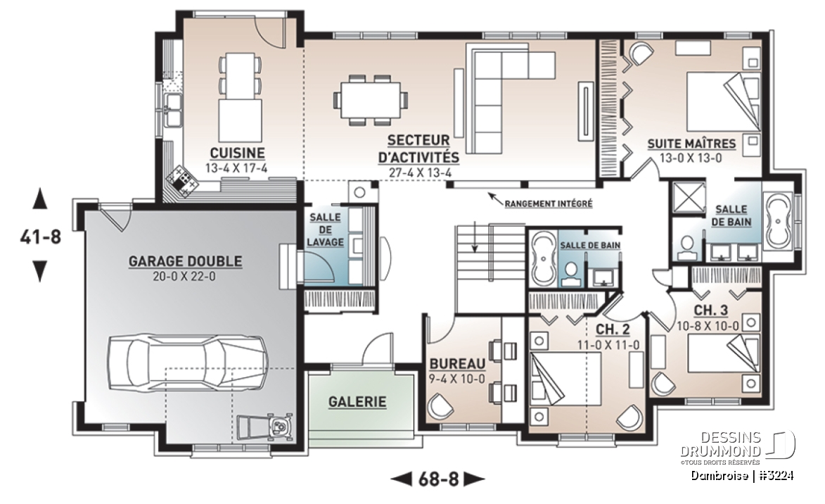 Rez-de-chaussée - Plan de maison plain-pied, 3 à 4 chambres, garage double, plafond 9', bureau, buanderie, superbe cuisine - Dambroise