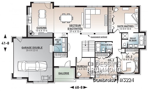 Rez-de-chaussée - Plan de maison plain-pied, 3 à 4 chambres, garage double, plafond 9', bureau, buanderie, superbe cuisine - Dambroise