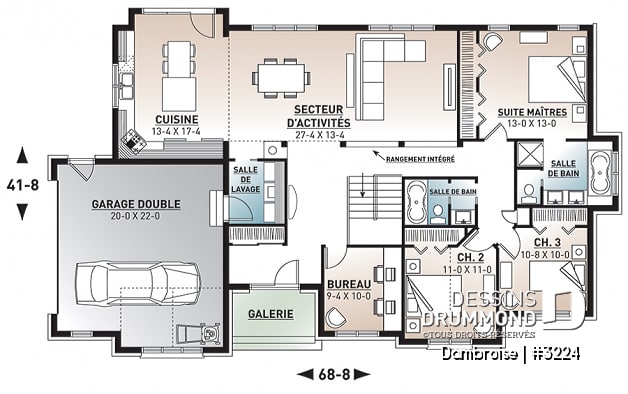 Rez-de-chaussée - Plan de maison plain-pied, 3 à 4 chambres, garage double, plafond 9', bureau, buanderie, superbe cuisine - Dambroise