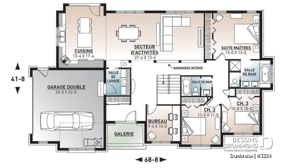 Rez-de-chaussée - Plan de maison plain-pied, 3 à 4 chambres, garage double, plafond 9', bureau, buanderie, superbe cuisine - Dambroise
