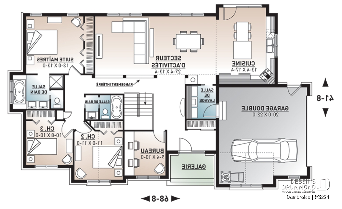 Rez-de-chaussée - Plan de maison plain-pied, 3 à 4 chambres, garage double, plafond 9', bureau, buanderie, superbe cuisine - Dambroise