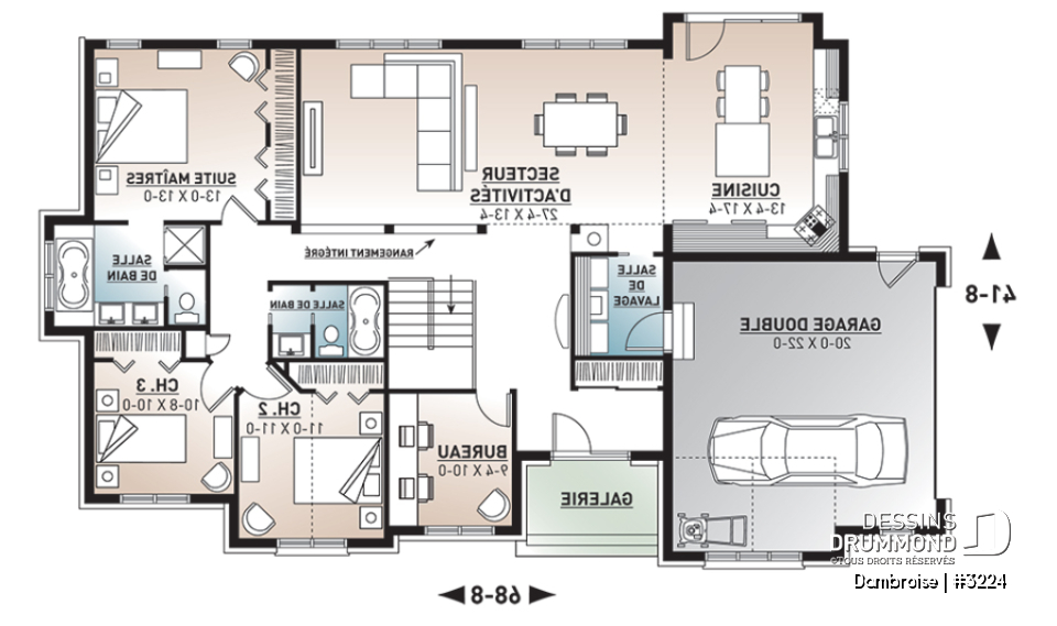 Rez-de-chaussée - Plan de maison plain-pied, 3 à 4 chambres, garage double, plafond 9', bureau, buanderie, superbe cuisine - Dambroise