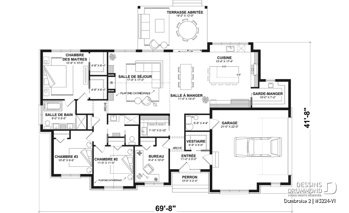 Rez-de-chaussée - Fondation dalle (Optionel $) - Plan de maison plain-pied lumineux avec garage double, plafond cathédrale et jusqu’à 6 chambres - Dambroise 2