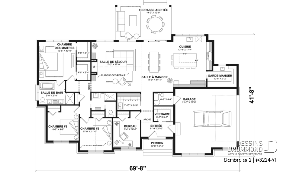 Rez-de-chaussée - Fondation dalle (Optionel $) - Plan de maison plain-pied lumineux avec garage double, plafond cathédrale et jusqu’à 6 chambres - Dambroise 2
