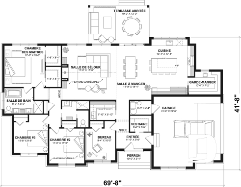Rez-de-chaussée - Fondation dalle (Optionel $) - Plan de maison plain-pied lumineux avec garage double, plafond cathédrale et jusqu’à 6 chambres - Dambroise 2