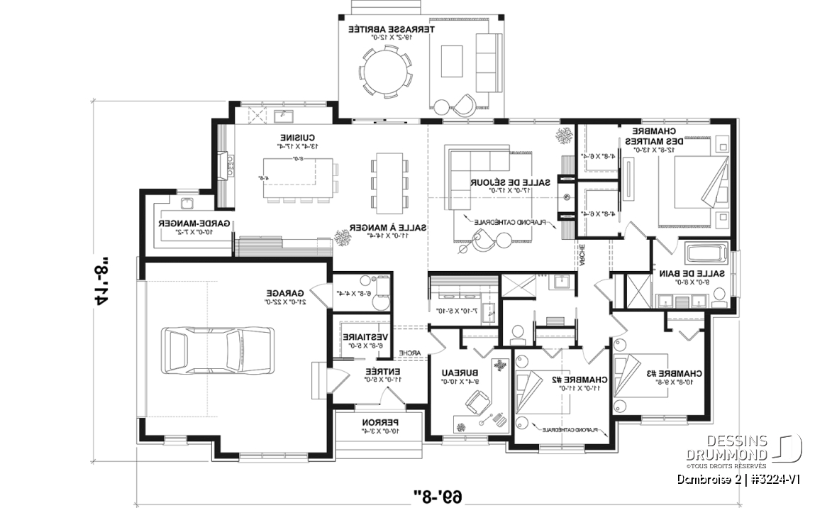 Rez-de-chaussée - Fondation dalle (Optionel $) - Plan de maison plain-pied lumineux avec garage double, plafond cathédrale et jusqu’à 6 chambres - Dambroise 2