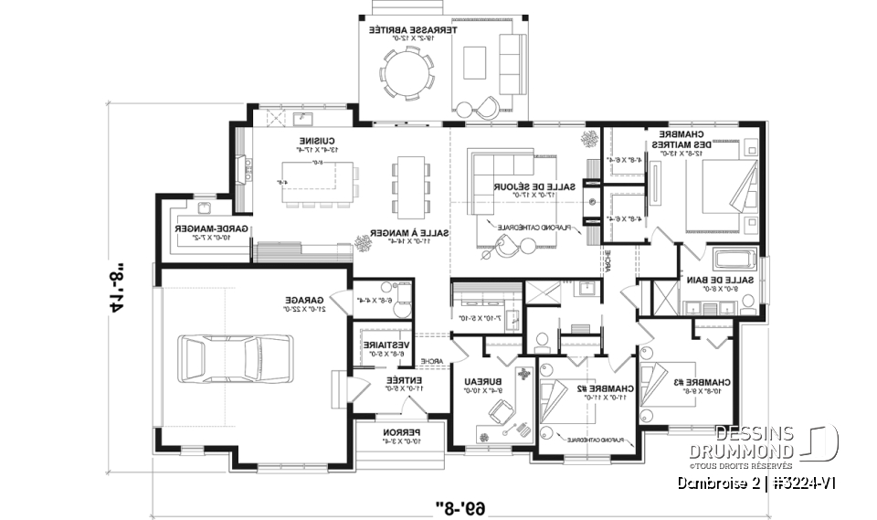 Rez-de-chaussée - Fondation dalle (Optionel $) - Plan de maison plain-pied lumineux avec garage double, plafond cathédrale et jusqu’à 6 chambres - Dambroise 2