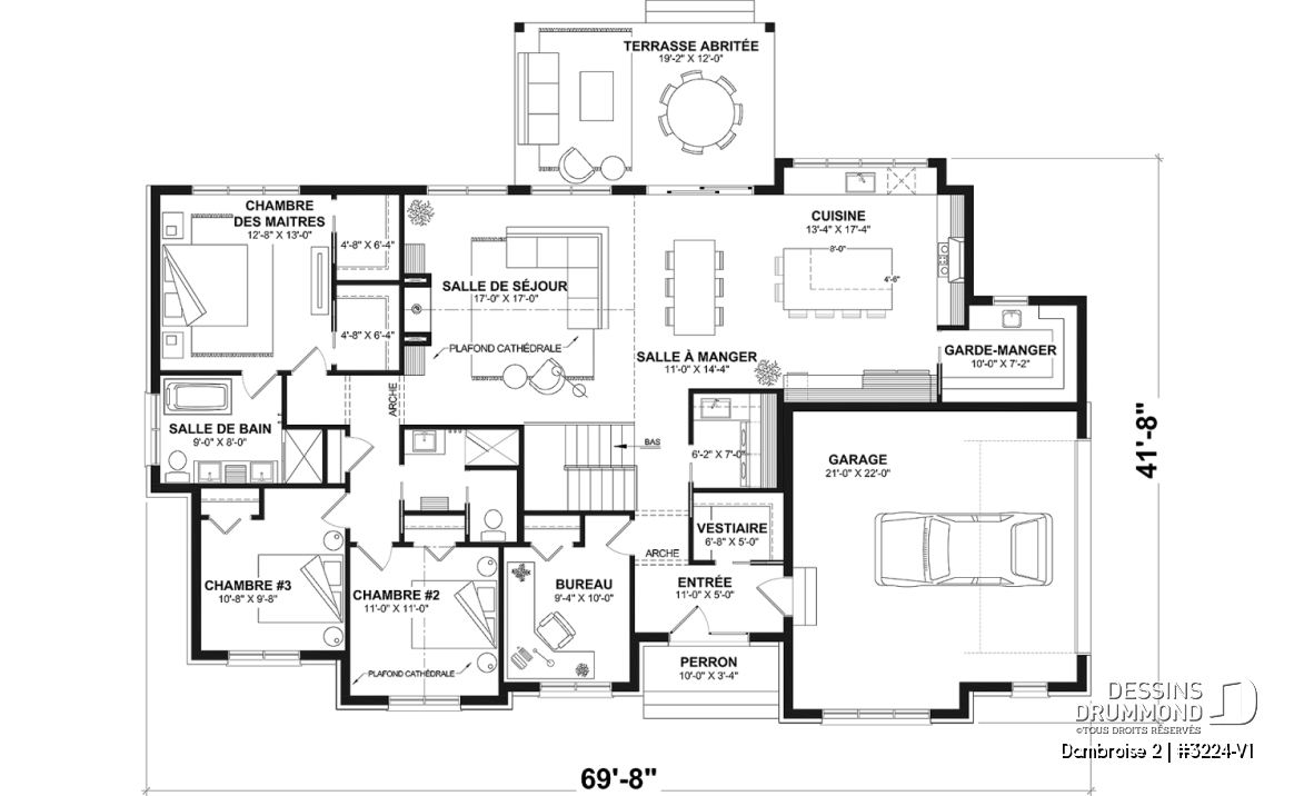 Rez-de-chaussée - Fondation sous-sol - Plan de maison plain-pied lumineux avec garage double, plafond cathédrale et jusqu’à 6 chambres - Dambroise 2