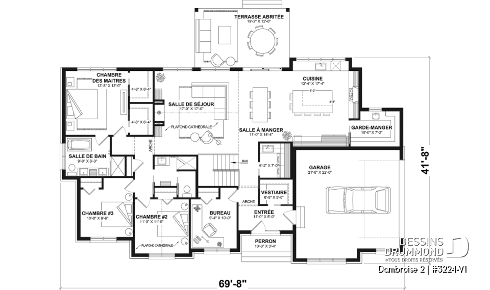 Rez-de-chaussée - Fondation sous-sol - Plan de maison plain-pied lumineux avec garage double, plafond cathédrale et jusqu’à 6 chambres - Dambroise 2