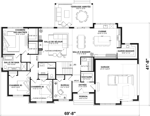 Rez-de-chaussée - Fondation sous-sol - Plan de maison plain-pied lumineux avec garage double, plafond cathédrale et jusqu’à 6 chambres - Dambroise 2
