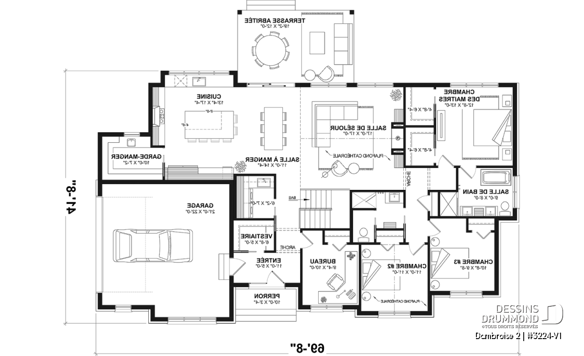 Rez-de-chaussée - Fondation sous-sol - Plan de maison plain-pied lumineux avec garage double, plafond cathédrale et jusqu’à 6 chambres - Dambroise 2