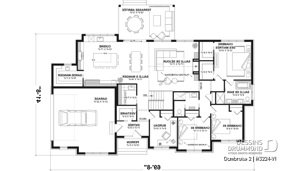 Rez-de-chaussée - Fondation sous-sol - Plan de maison plain-pied lumineux avec garage double, plafond cathédrale et jusqu’à 6 chambres - Dambroise 2