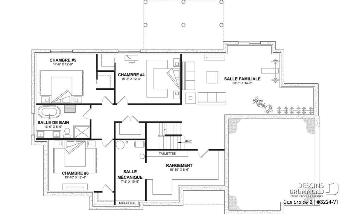 Sous-sol aménagé (Optionel $) - Plan de maison plain-pied lumineux avec garage double, plafond cathédrale et jusqu’à 6 chambres - Dambroise 2