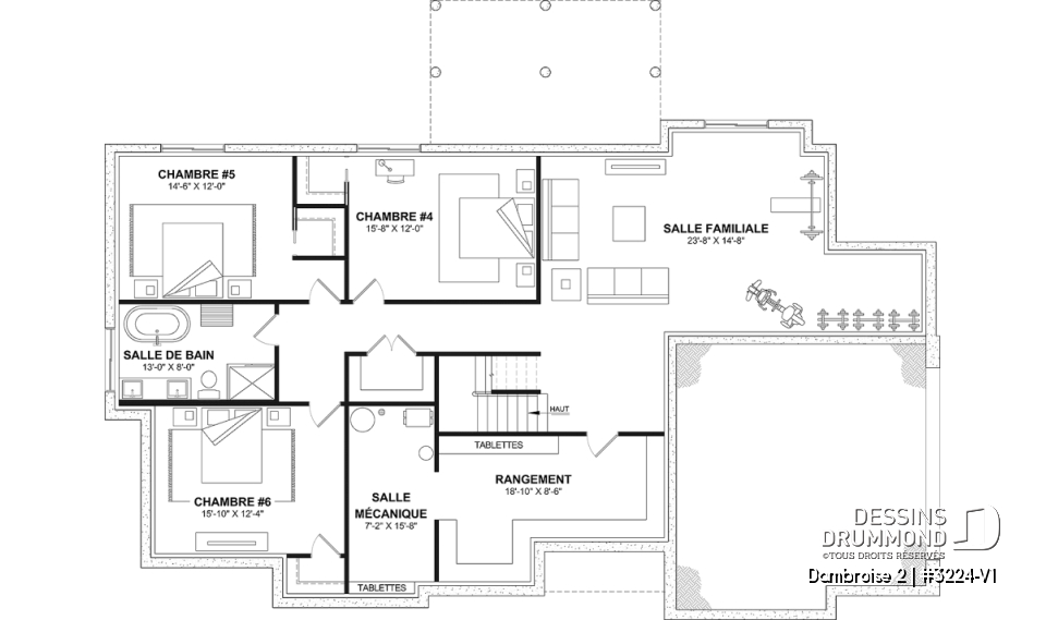 Sous-sol aménagé (Optionel $) - Plan de maison plain-pied lumineux avec garage double, plafond cathédrale et jusqu’à 6 chambres - Dambroise 2