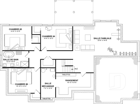 Sous-sol aménagé (Optionel $) - Plan de maison plain-pied lumineux avec garage double, plafond cathédrale et jusqu’à 6 chambres - Dambroise 2