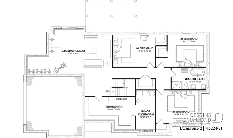 Sous-sol aménagé (Optionel $) - Plan de maison plain-pied lumineux avec garage double, plafond cathédrale et jusqu’à 6 chambres - Dambroise 2