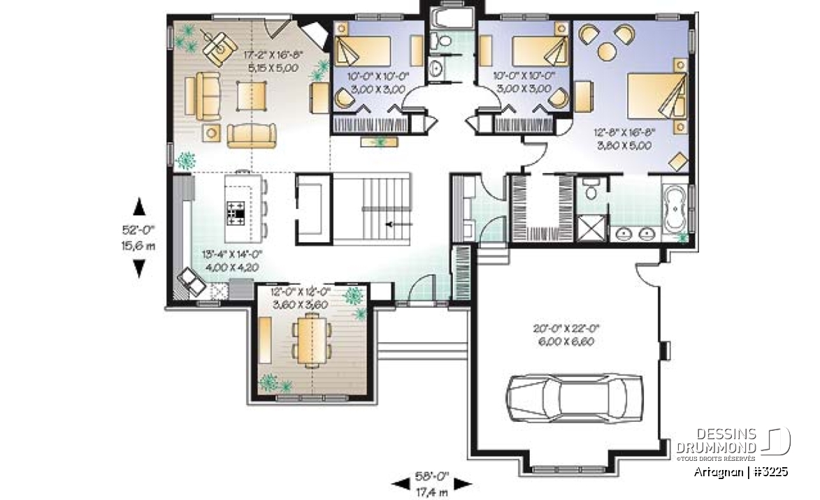 Rez-de-chaussée - Plan de plain-pied avec garage double, plafond jusqu'à 12', cuisine avec îlot, 3 chambres, 2 salles de bain - Artagnan