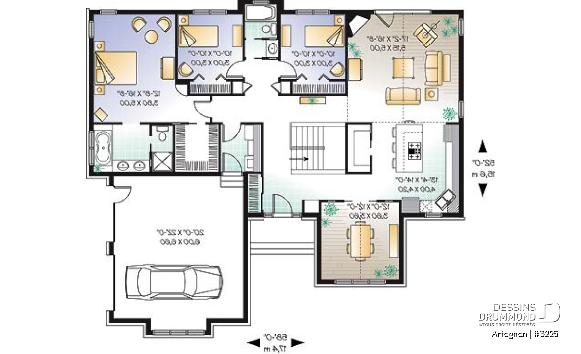 Rez-de-chaussée - Plan de plain-pied avec garage double, plafond jusqu'à 12', cuisine avec îlot, 3 chambres, 2 salles de bain - Artagnan