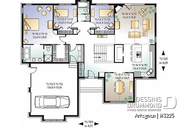 Rez-de-chaussée - Plan de plain-pied avec garage double, plafond jusqu'à 12', cuisine avec îlot, 3 chambres, 2 salles de bain - Artagnan