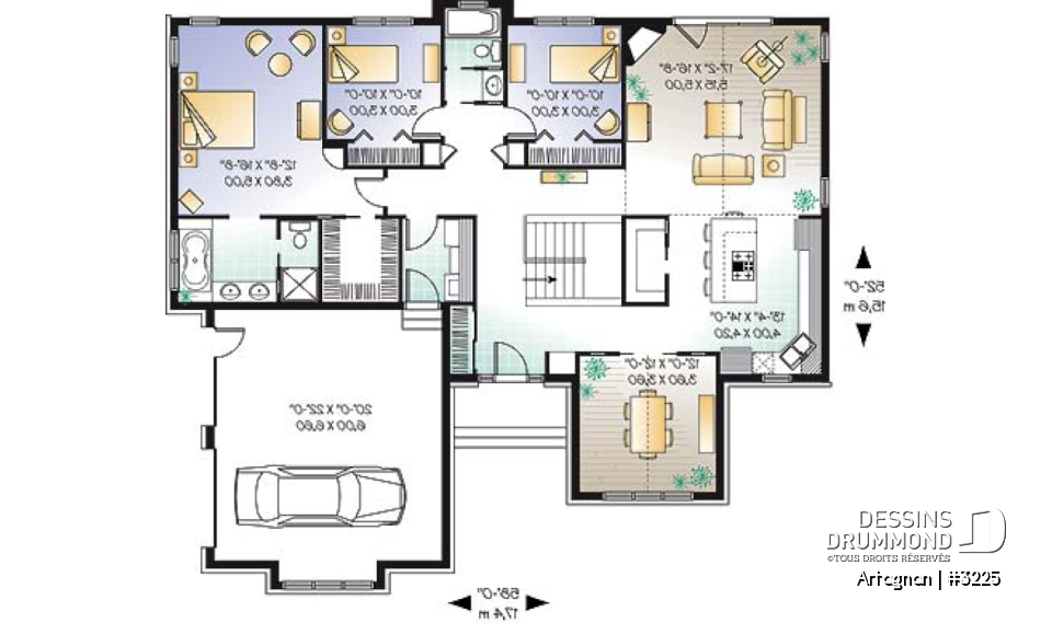 Rez-de-chaussée - Plan de plain-pied avec garage double, plafond jusqu'à 12', cuisine avec îlot, 3 chambres, 2 salles de bain - Artagnan