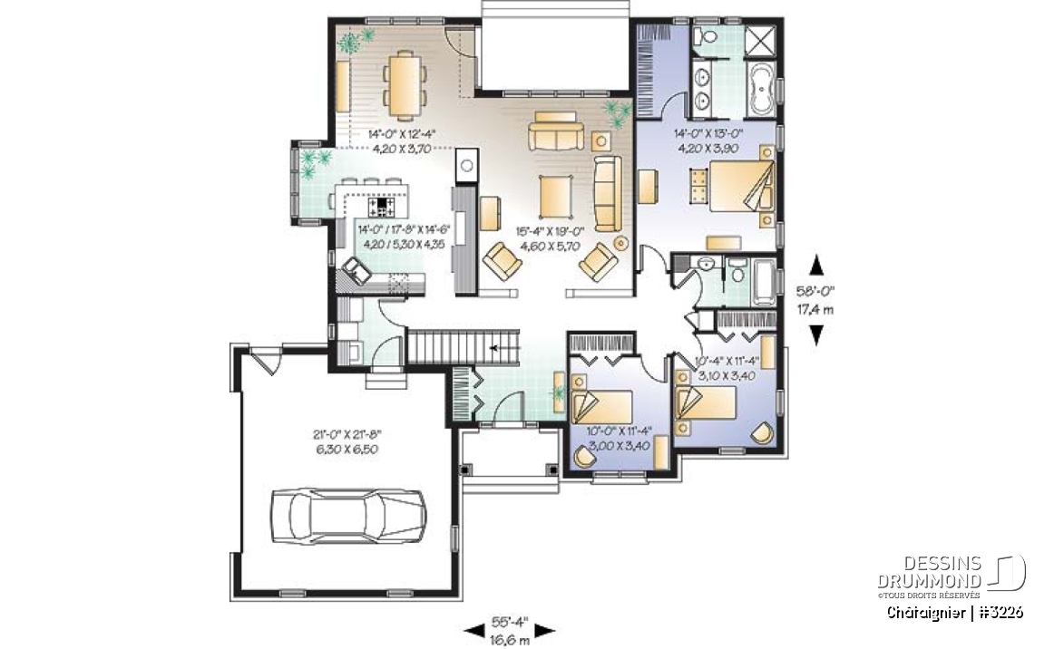 Rez-de-chaussée - Plan de plain-pied américain 3 chambres, garage latéral double, superbe suite maîtres, foyer, buanderie - Châtaignier