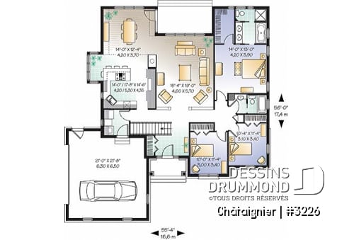 Rez-de-chaussée - Plan de plain-pied américain 3 chambres, garage latéral double, superbe suite maîtres, foyer, buanderie - Châtaignier