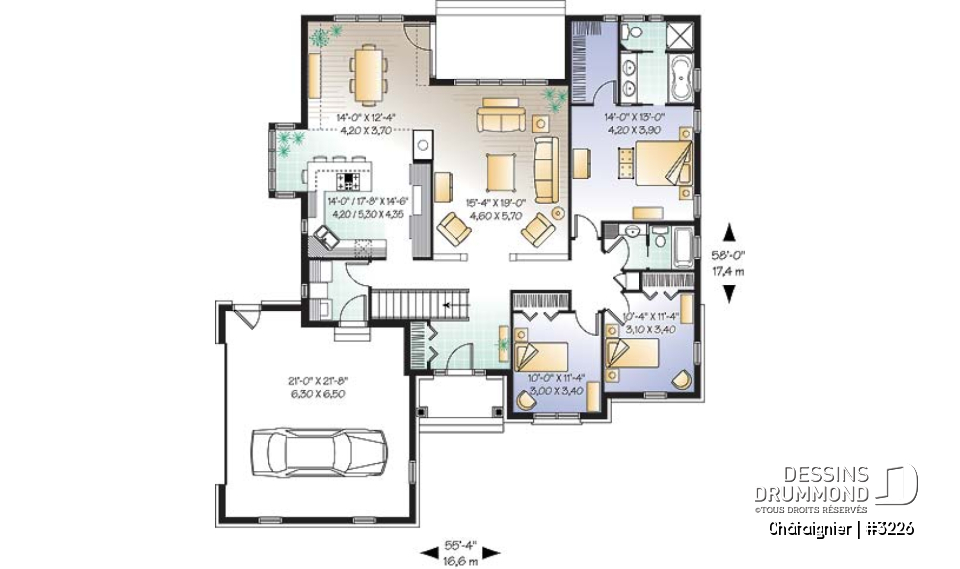 Rez-de-chaussée - Plan de plain-pied américain 3 chambres, garage latéral double, superbe suite maîtres, foyer, buanderie - Châtaignier