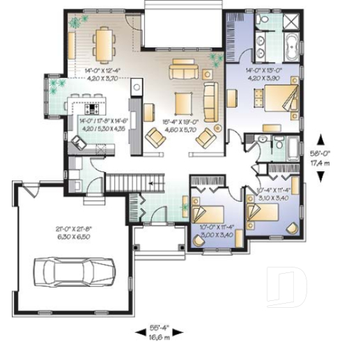 Rez-de-chaussée - Plan de plain-pied américain 3 chambres, garage latéral double, superbe suite maîtres, foyer, buanderie - Châtaignier