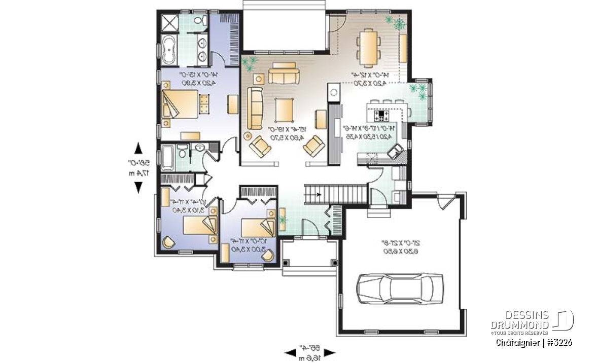 Rez-de-chaussée - Plan de plain-pied américain 3 chambres, garage latéral double, superbe suite maîtres, foyer, buanderie - Châtaignier