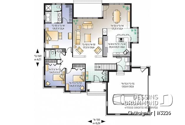 Rez-de-chaussée - Plan de plain-pied américain 3 chambres, garage latéral double, superbe suite maîtres, foyer, buanderie - Châtaignier