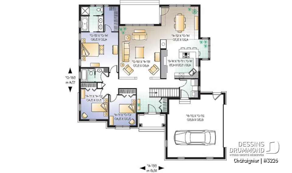 Rez-de-chaussée - Plan de plain-pied américain 3 chambres, garage latéral double, superbe suite maîtres, foyer, buanderie - Châtaignier