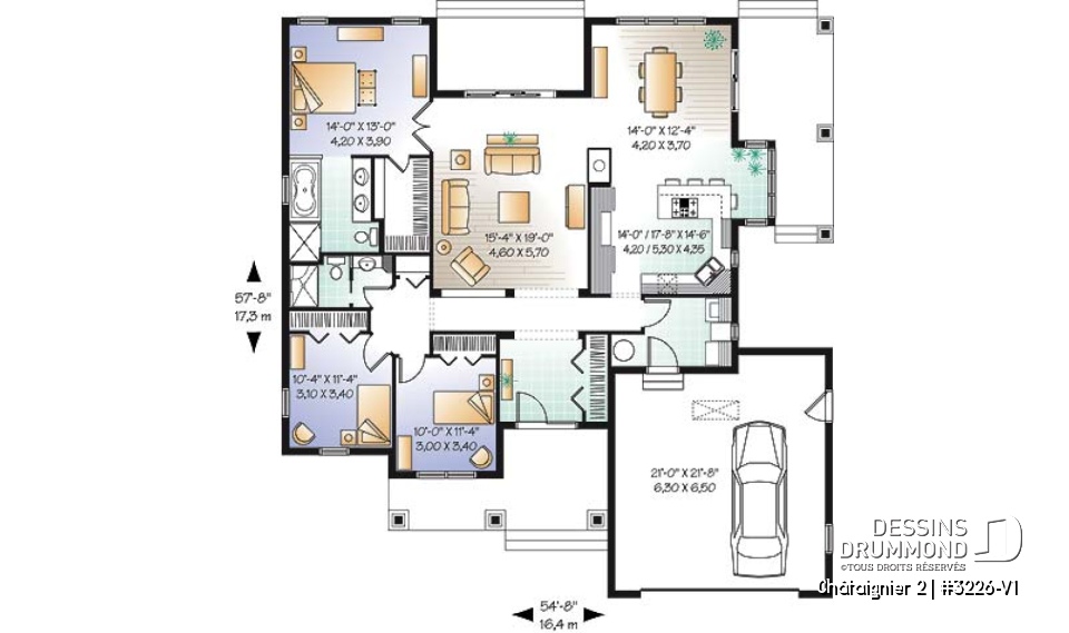 Rez-de-chaussée - Plan de plain-pied style ranch, garage double, 3 chambres, 2 salles de bain, foyer, plafond 9 pieds partout - Châtaignier 2