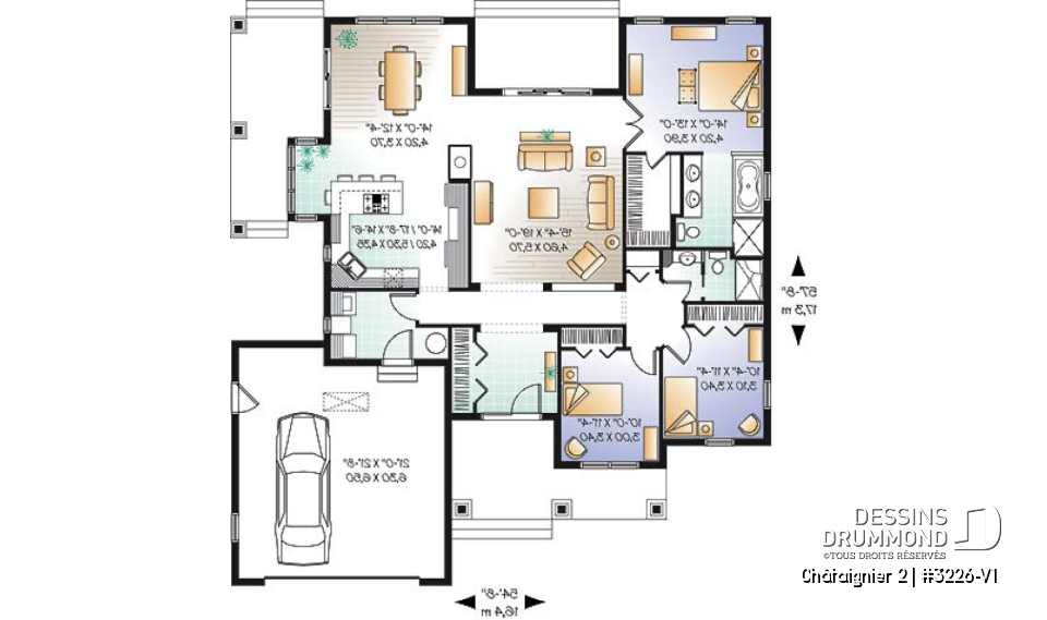 Rez-de-chaussée - Plan de plain-pied style ranch, garage double, 3 chambres, 2 salles de bain, foyer, plafond 9 pieds partout - Châtaignier 2