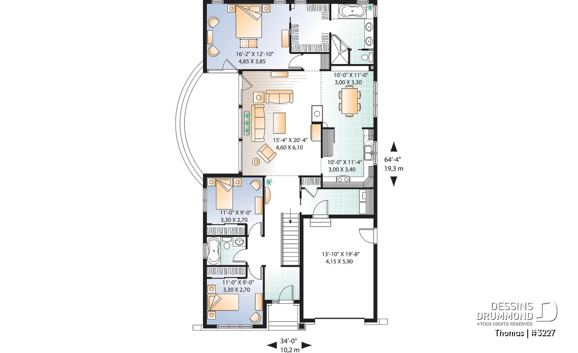 Rez-de-chaussée - Plan maison de plain-pied Craftsman, 3 chambres, cuisine et séjour avec foyer, suite des maîtres, patio - Thomas
