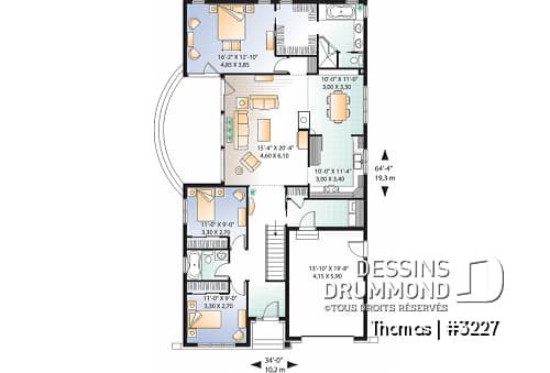 Rez-de-chaussée - Plan maison de plain-pied Craftsman, 3 chambres, cuisine et séjour avec foyer, suite des maîtres, patio - Thomas