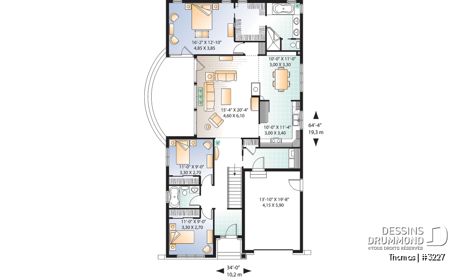 Rez-de-chaussée - Plan maison de plain-pied Craftsman, 3 chambres, cuisine et séjour avec foyer, suite des maîtres, patio - Thomas