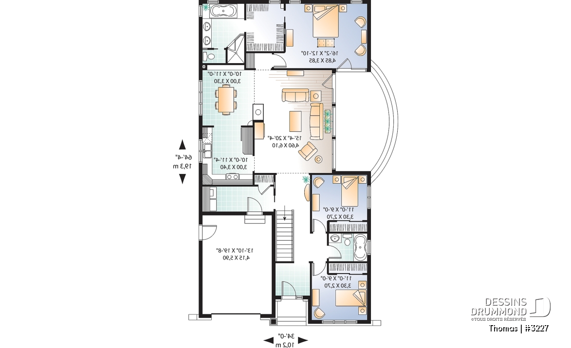 Rez-de-chaussée - Plan maison de plain-pied Craftsman, 3 chambres, cuisine et séjour avec foyer, suite des maîtres, patio - Thomas