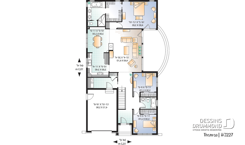 Rez-de-chaussée - Plan maison de plain-pied Craftsman, 3 chambres, cuisine et séjour avec foyer, suite des maîtres, patio - Thomas