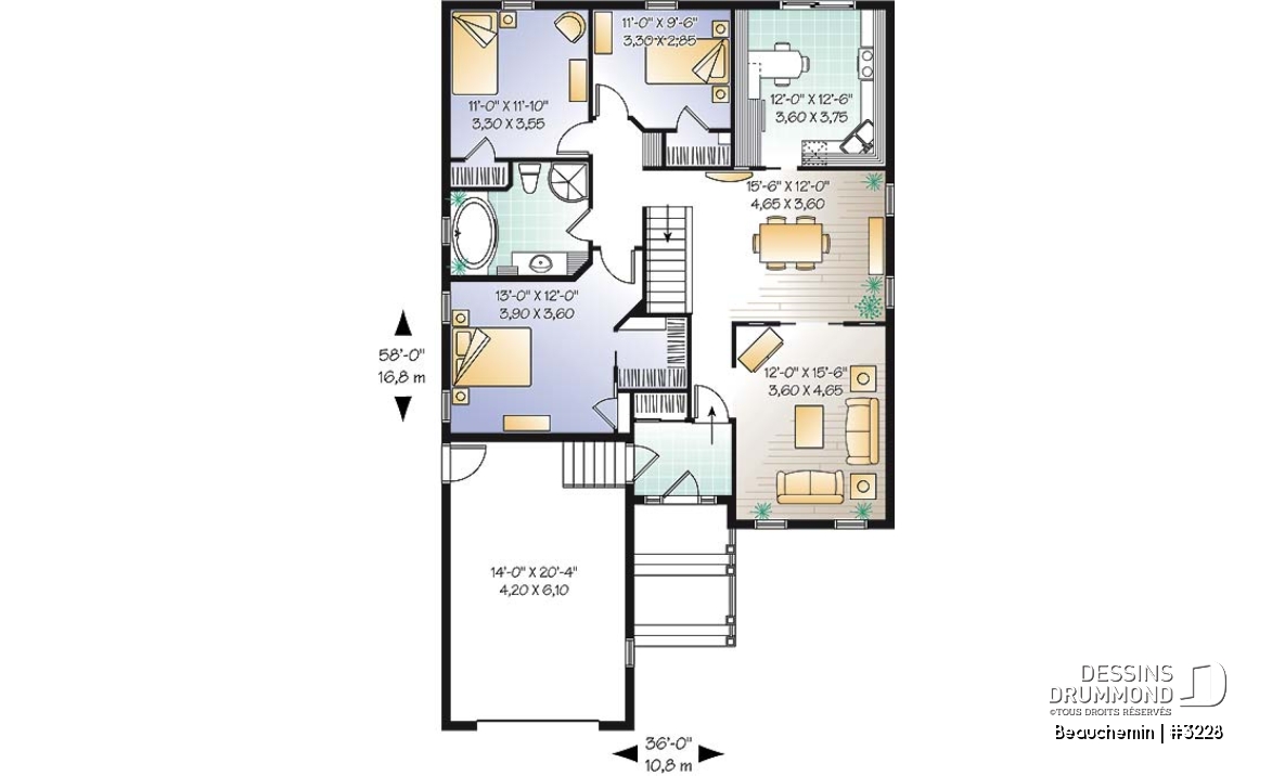 Rez-de-chaussée - Plain-pied traditionnel idéal pour terrain étroit avec 3 chambres au même niveau, et garage - Beauchemin