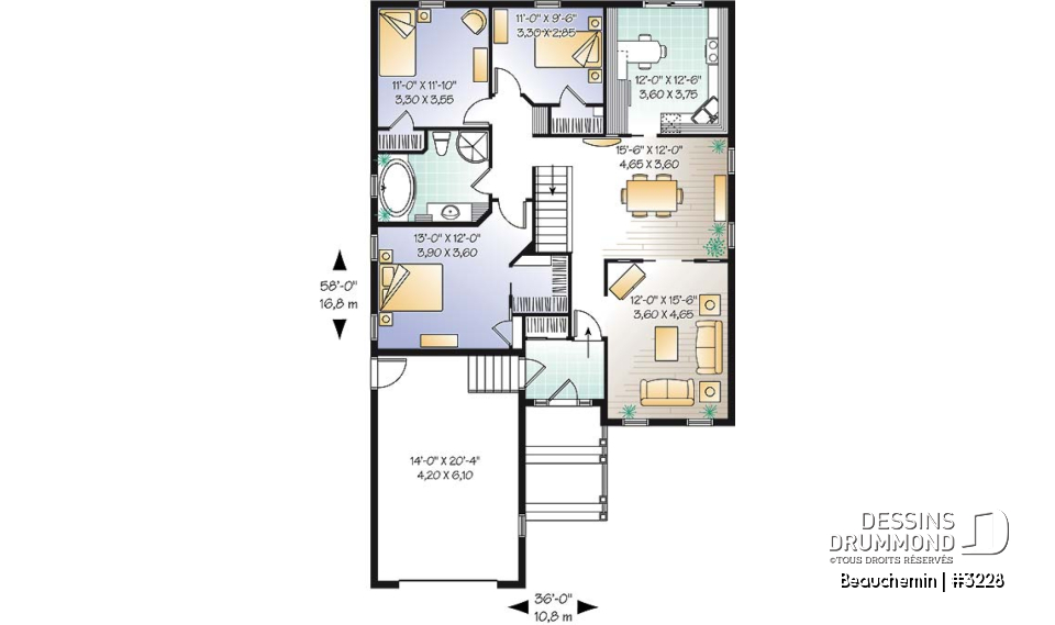 Rez-de-chaussée - Plain-pied traditionnel idéal pour terrain étroit avec 3 chambres au même niveau, et garage - Beauchemin