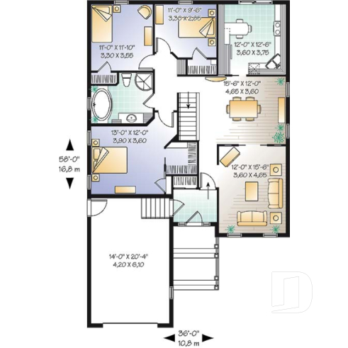 Rez-de-chaussée - Plain-pied traditionnel idéal pour terrain étroit avec 3 chambres au même niveau, et garage - Beauchemin