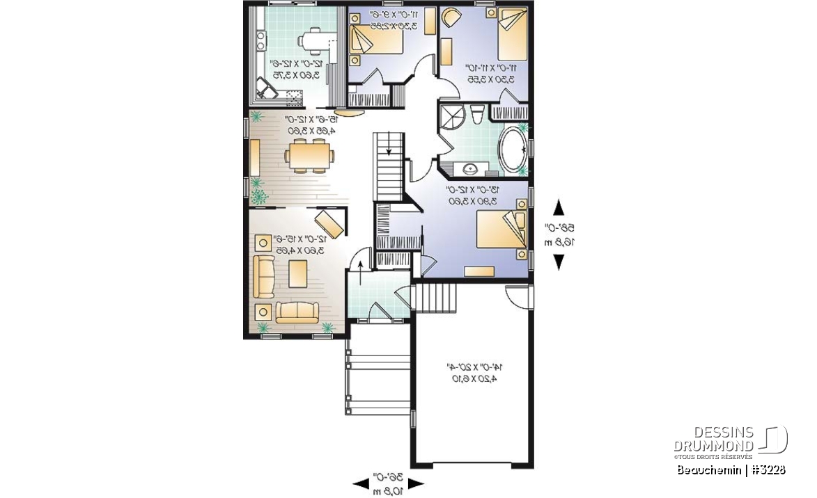 Rez-de-chaussée - Plain-pied traditionnel idéal pour terrain étroit avec 3 chambres au même niveau, et garage - Beauchemin