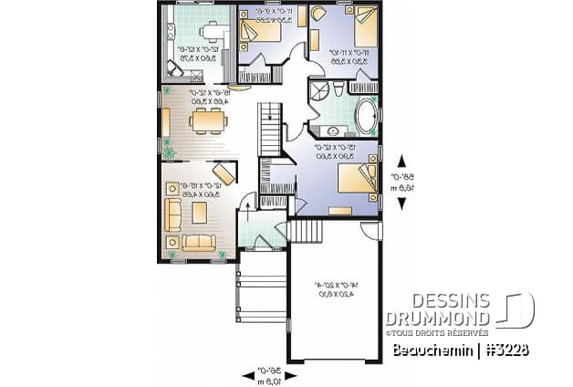 Rez-de-chaussée - Plain-pied traditionnel idéal pour terrain étroit avec 3 chambres au même niveau, et garage - Beauchemin