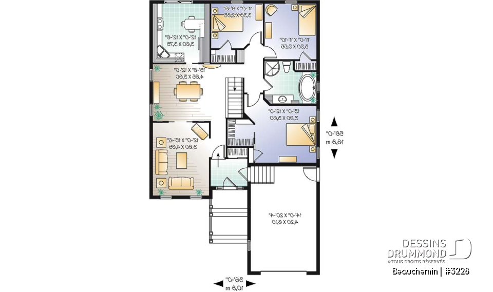 Rez-de-chaussée - Plain-pied traditionnel idéal pour terrain étroit avec 3 chambres au même niveau, et garage - Beauchemin