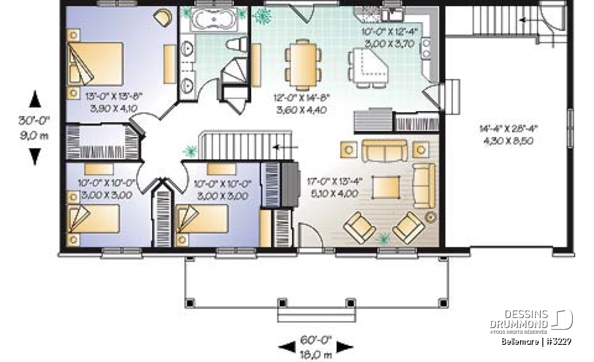 Rez-de-chaussée - Plan de plain-pied américain 3 chambres au rez-de-chaussée, garage, grande galerie abritée à l'avant - Bellemare