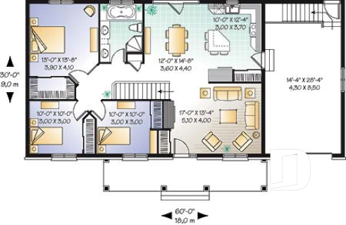 Rez-de-chaussée - Plan de plain-pied américain 3 chambres au rez-de-chaussée, garage, grande galerie abritée à l'avant - Bellemare