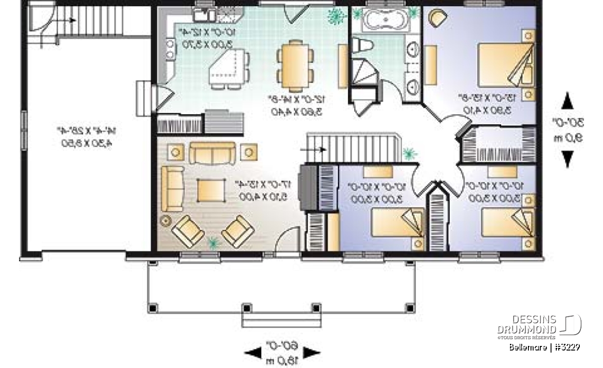 Rez-de-chaussée - Plan de plain-pied américain 3 chambres au rez-de-chaussée, garage, grande galerie abritée à l'avant - Bellemare