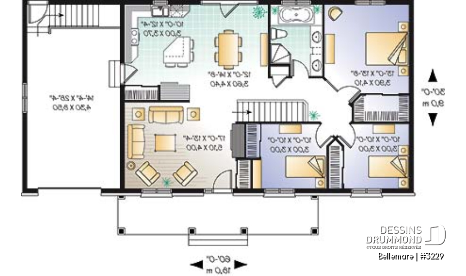Rez-de-chaussée - Plan de plain-pied américain 3 chambres au rez-de-chaussée, garage, grande galerie abritée à l'avant - Bellemare