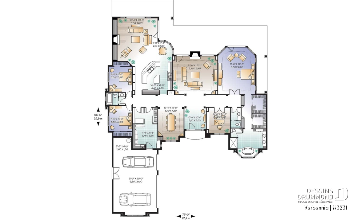 Rez-de-chaussée - Plan de grand bungalow, 3 à 4 chambres, style méditerranéen, garage triple, bureau, foyer, grande cuisine - Verbennia