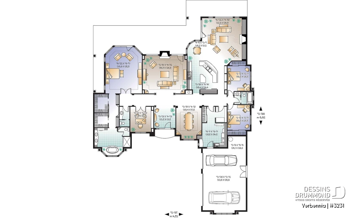 Rez-de-chaussée - Plan de grand bungalow, 3 à 4 chambres, style méditerranéen, garage triple, bureau, foyer, grande cuisine - Verbennia
